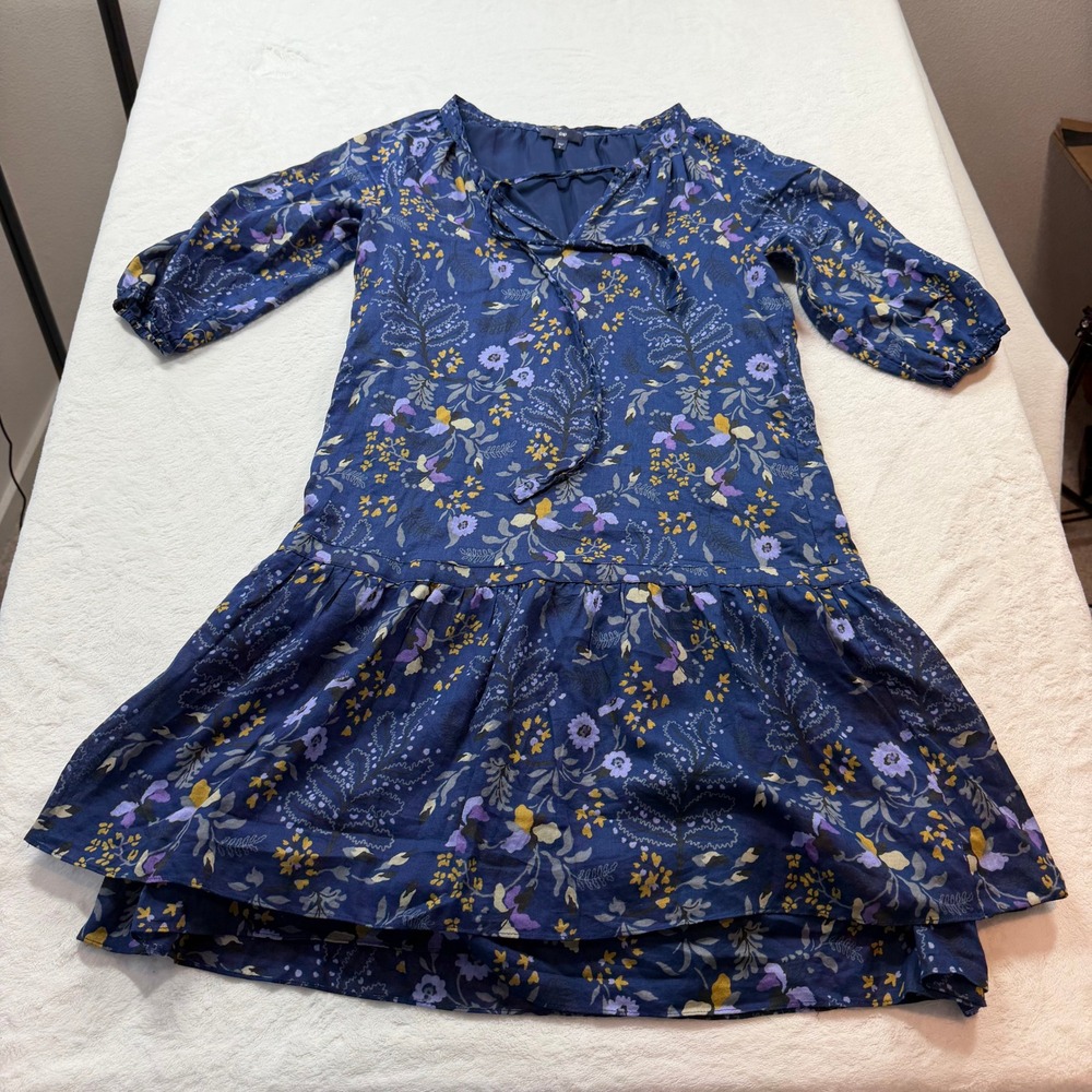 Gap Floral Drop Waist Dress Womens Small Navy Blue Good Tie Neck Ruffle Hem